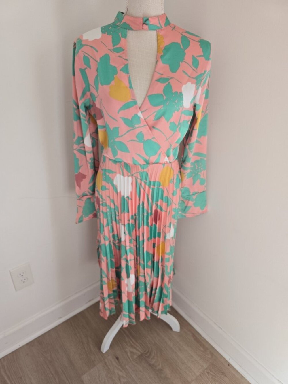ASOS Pink Floral Midi Dress with Green and Yellow Accents